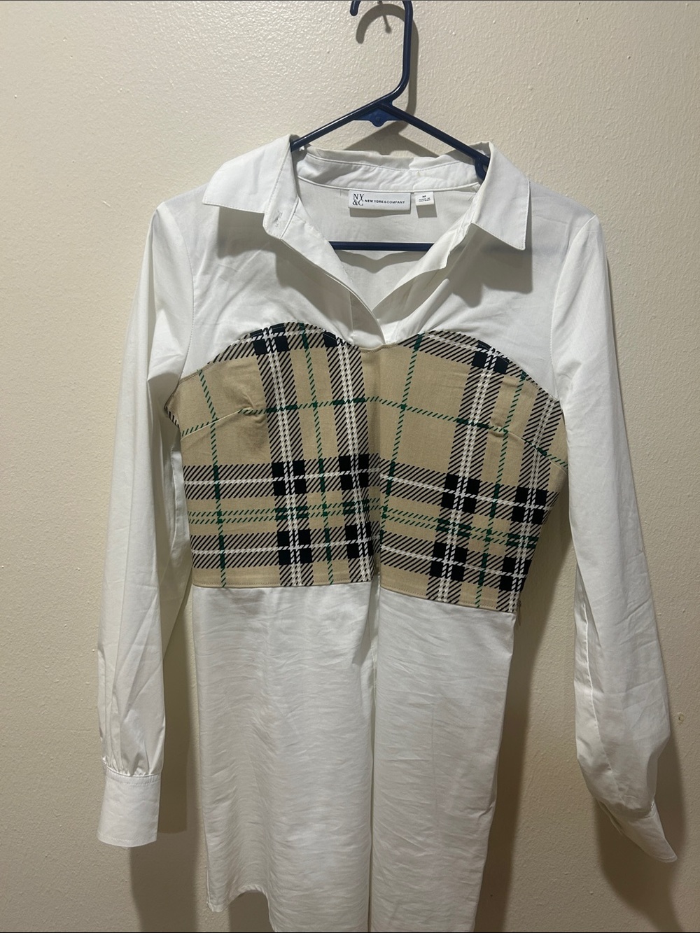 NY Collection White Shirt Dress with Beige Plaid Bustier